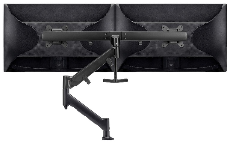 Atdec Single Arm, Dual Rail, holds 2 x 27" wide screens with total weight of 35lbs (16kg). Black