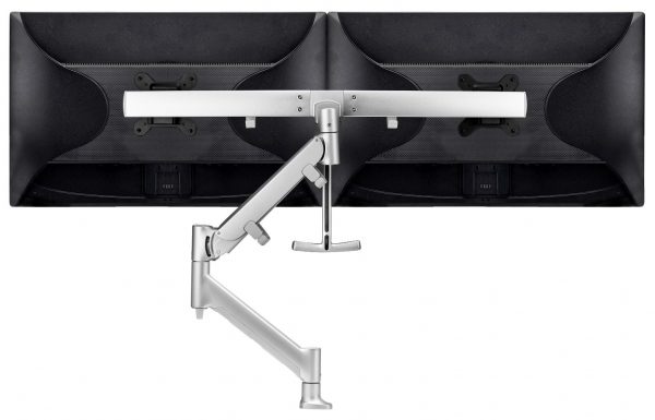 Atdec Single Arm, Dual Rail, holds 2 x 27" wide screens with total weight of 35lbs (16kg). Silver