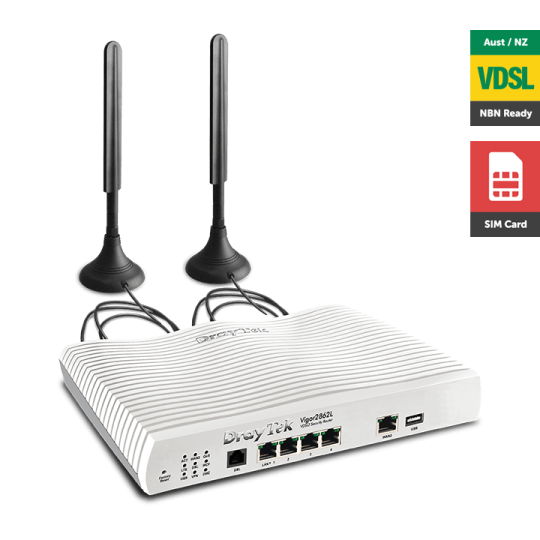 Draytek Vigor2862L Multi WAN VDSL2/ADSL2+ Gigabit Firewall Router VoIP 3G/4G LTE SIM 4xGigabit LAN 32xVPN 16xVLAN 2yr wty~MOD-DV2860L